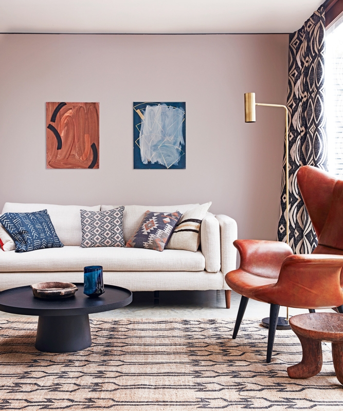 Living Room Mauve Walls with Cognac Leather Wingback Chair
