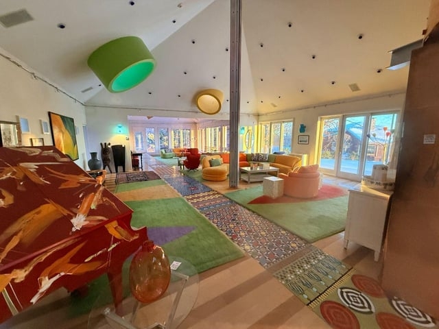 Living Room: Painted Grand Piano, Cylindrical Light Wells, Layered Rugs