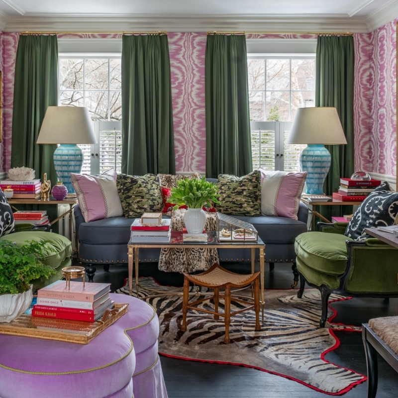 Living Room: Pink Ikat Wallpaper, Zebra Print Hide, Green Velvet