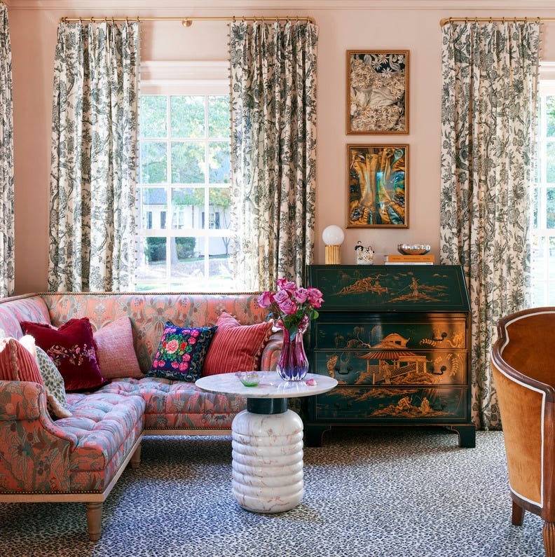 Living Room Pink Patterned Sectional with Emerald Chinoiserie Desk