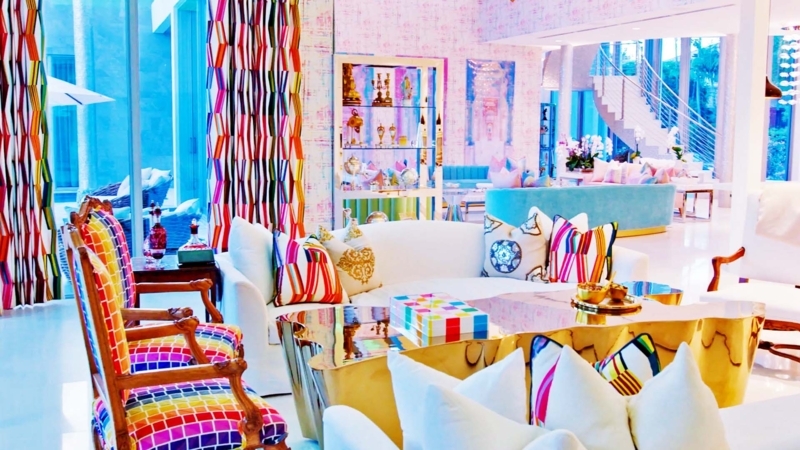 Living Room: Rainbow Geometric Accent Chairs, Gold Sculptural Table
