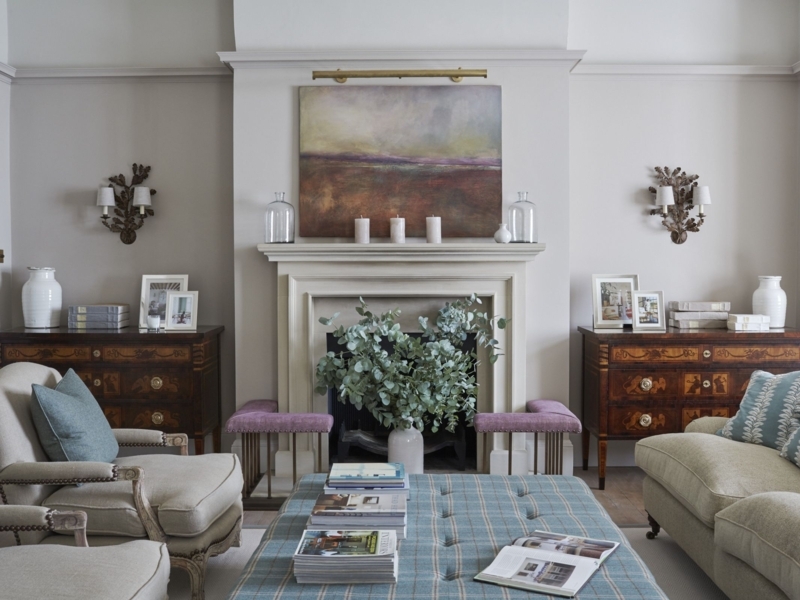 Living Room Symmetrical Bombe Chests and Blue Plaid Ottoman