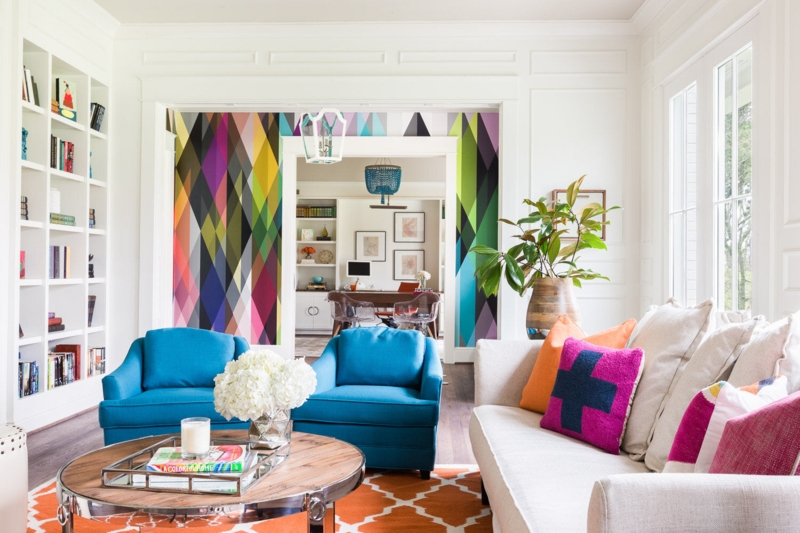 Living Room: Teal Accent Chairs and Geometric Wallpaper Alcove