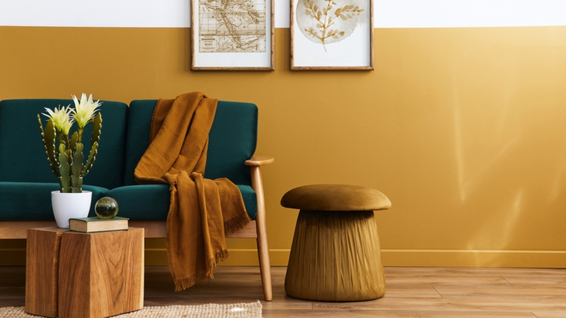 Living Room Teal and Mustard Palette with Mushroom Shaped Ottoman