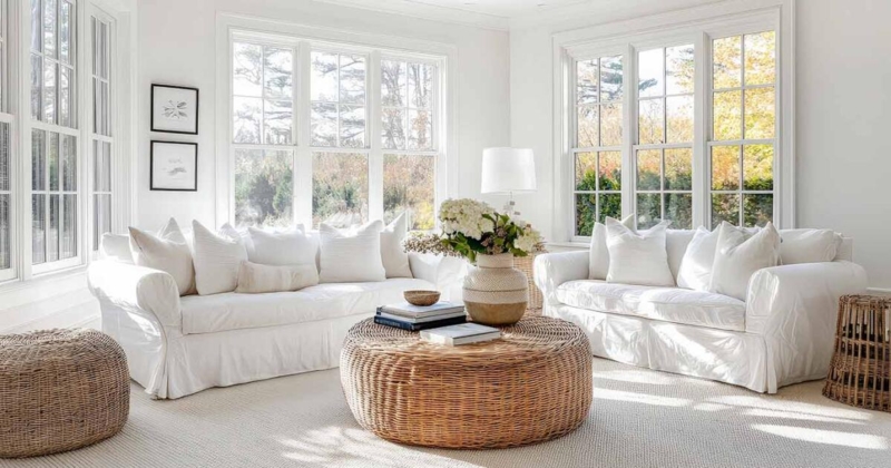 Living Room: White Slipcovered Sofas & Round Woven Rattan Table