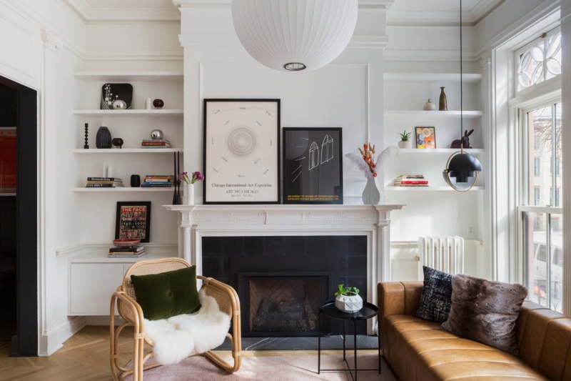 Living Room with Built-in Shelving and Oversized Globe Pendant