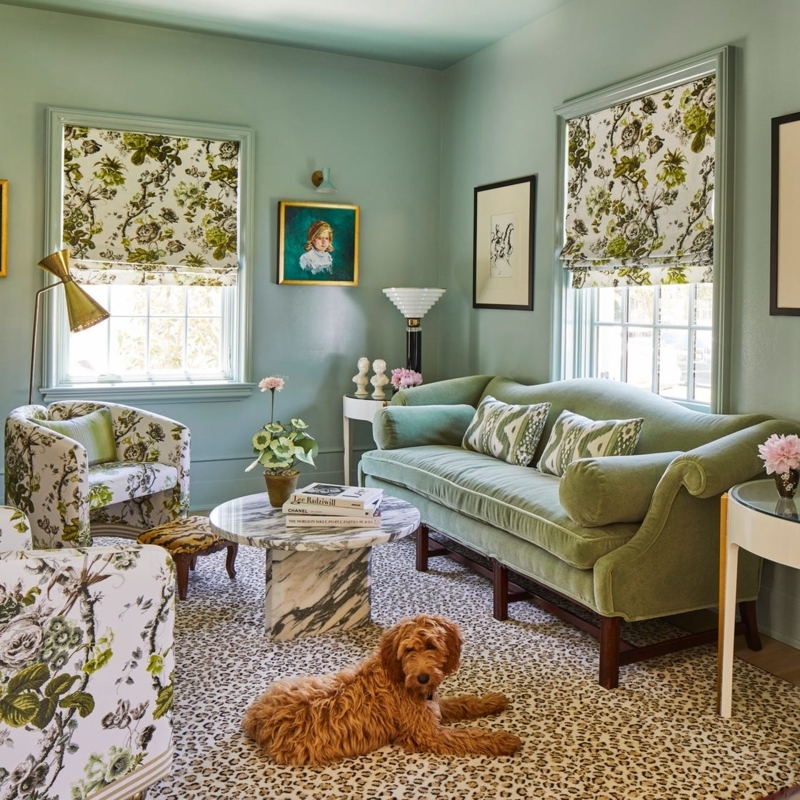 Living Room with Leopard Print Rug and Floral Armchair