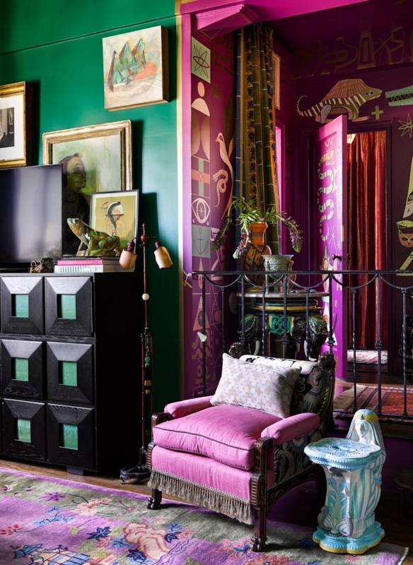 Living Room with Pink Fringe Trim Chair and Bold Maximalist Wall Colors