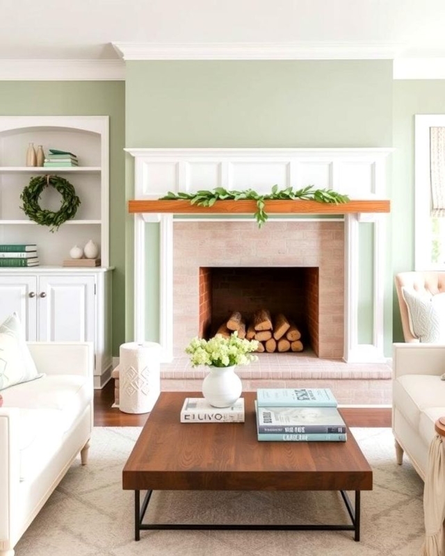 Living Room with Wood Slab Coffee Table and White Fireplace