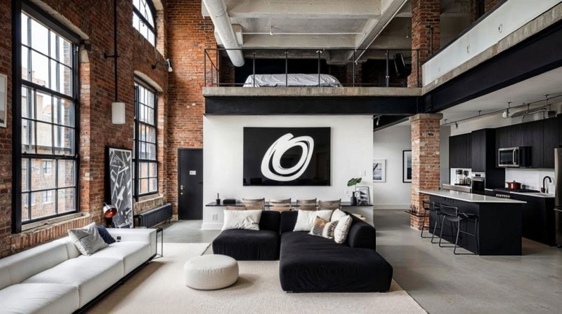 Loft Living Room Layout: Exposed Brick Walls & Black Sectional