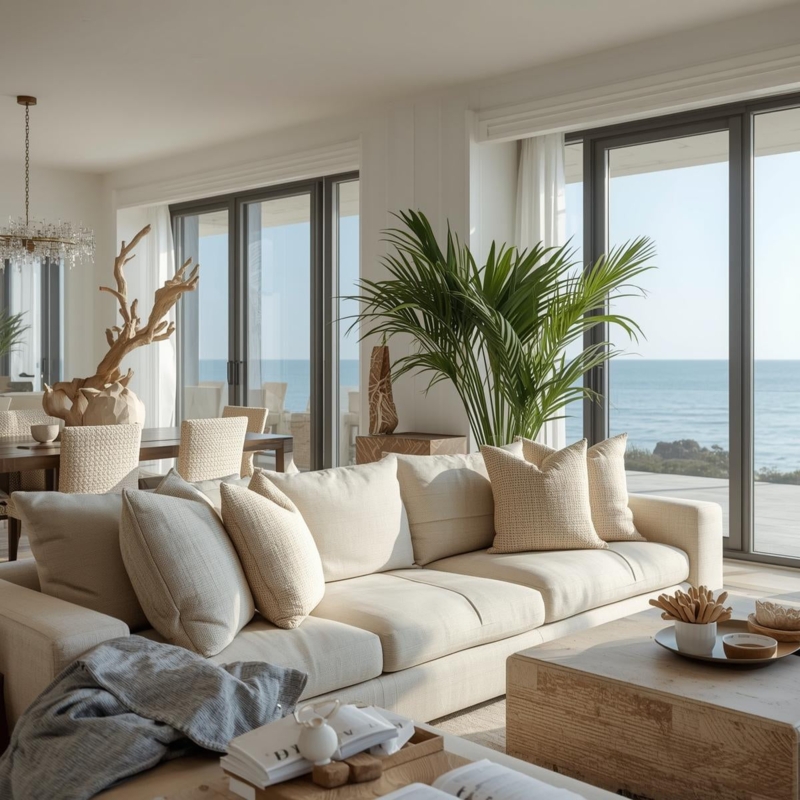 Low Profile Beige Sectional Sofa in Modern Coastal Living Room