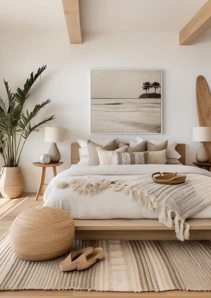 Low Profile Wood Platform Bed with Oversized Potted Palm Coastal