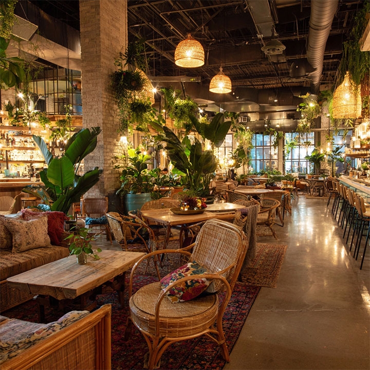 Lush Bohemian Restaurant Interior: Indoor Greenery & Woven Textures