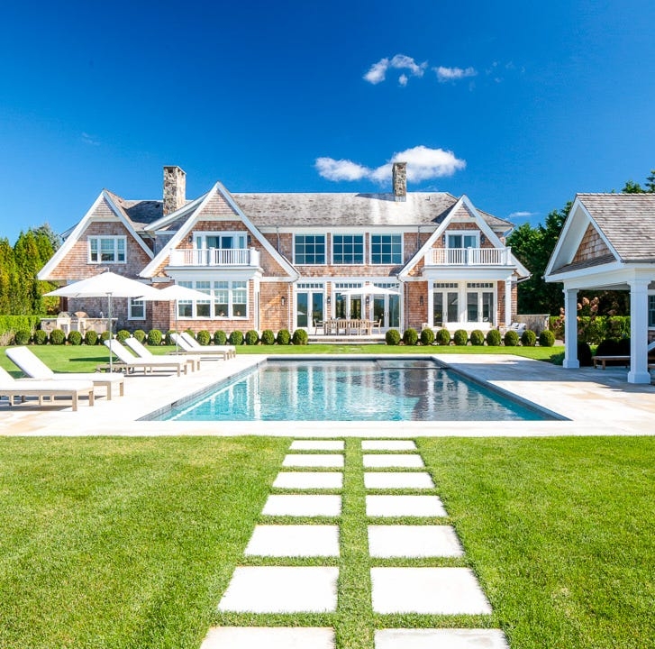 Luxury Cedar Shingle Beach House Exterior with Backyard Pool