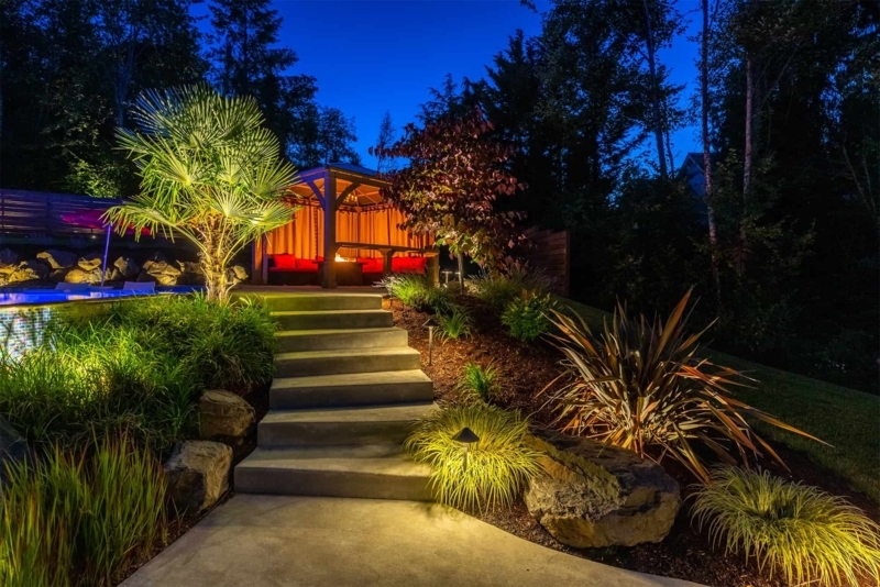 Luxury Gazebo with Outdoor Stairs and Warm Uplighting Inspiration