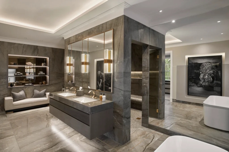 Luxury Master Bathroom Stone Walls with Integrated Mirror Lighting