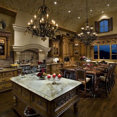 Luxury Mediterranean Kitchen: Dual Islands & Ornate Vaulted Ceiling