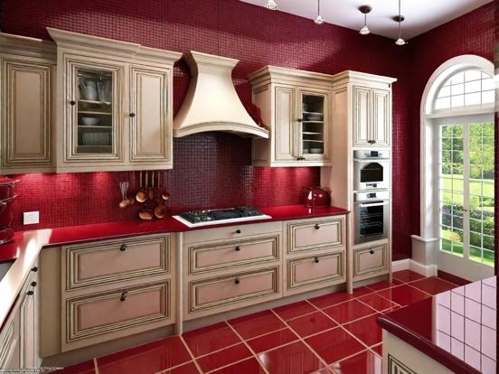 Luxury Traditional Kitchen: Off-White Cabinets, Red Mosaic, High Gloss Floor