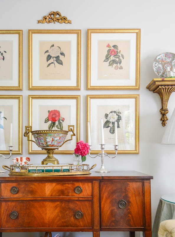 Mahogany Sideboard Styling with Botanical Print Grid