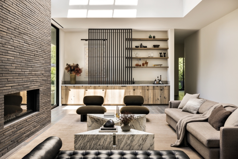 Marble Block Coffee Table Styling & Contemporary Brick Fireplace Design