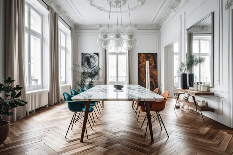 Marble Top Dining Table Ideas: Mixed Color Chairs & Ornate Crown Molding