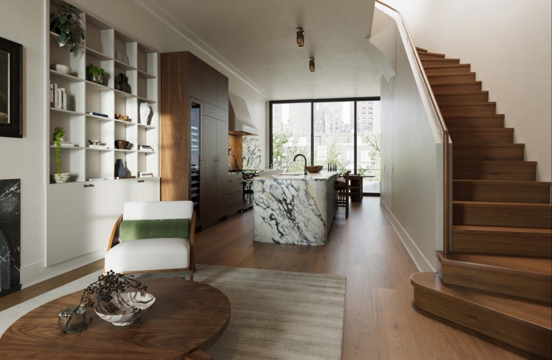Marble Waterfall Kitchen Island with Contemporary Wood Staircase Design