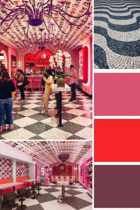 Maximalist Cafe Interior: Vibrant Pink Palette & Checkered Tile Floor