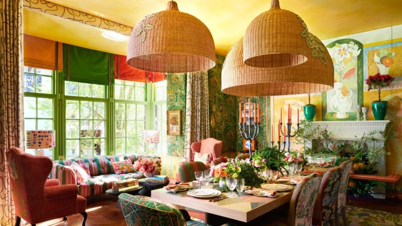 Maximalist Dining Room: Saturated Yellow Ceiling and Wicker Pendants
