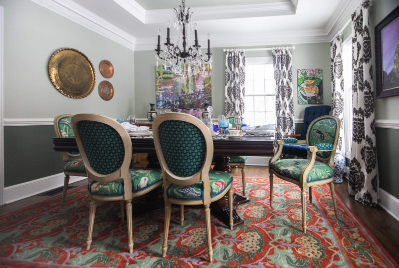 Maximalist Dining Room with Bird Print Upholstery and Green Walls