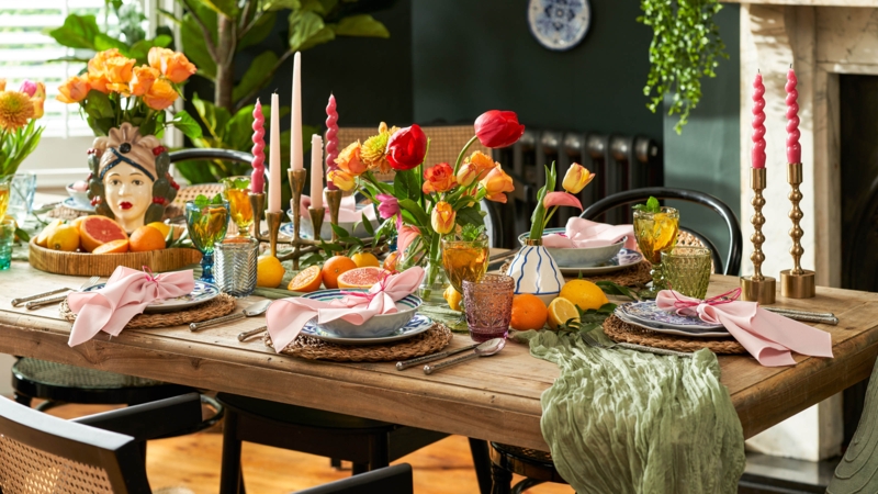 Maximalist Dining Scene with Sicilian Head Vase & Citrus Fruit Decor
