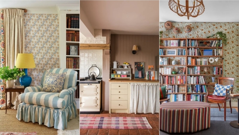 Maximalist English Cottage Interior with Patterned Wallpaper & Striped Chair