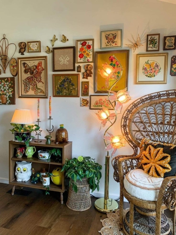 Maximalist Gallery Wall Decor Ideas with Lotus Floor Lamp