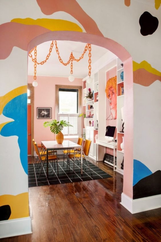 Maximalist Home Office Dining Room with Abstract Mural