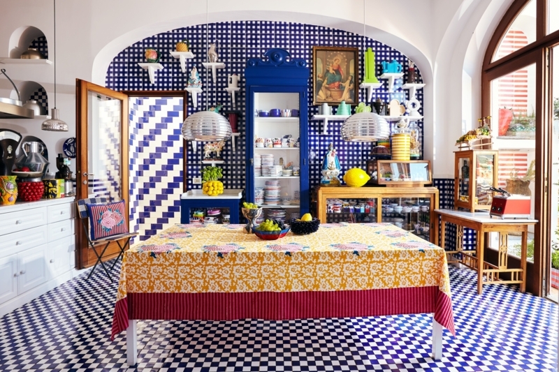 Maximalist Kitchen Scene with Blue Checkerboard Tile & Bold Patterns