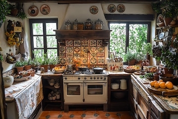 Maximalist Kitchen Scene with Vintage White Stove and Potted Herbs