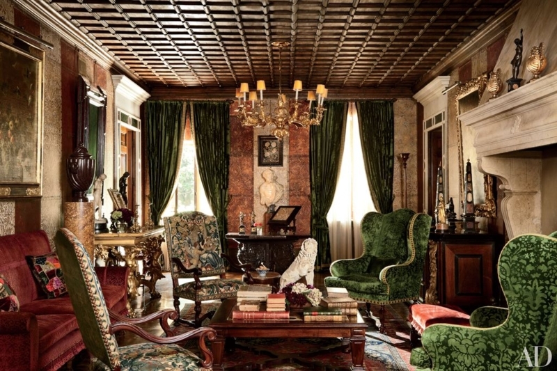 Maximalist Living Room: Dark Coffered Ceiling & Green Velvet Chairs