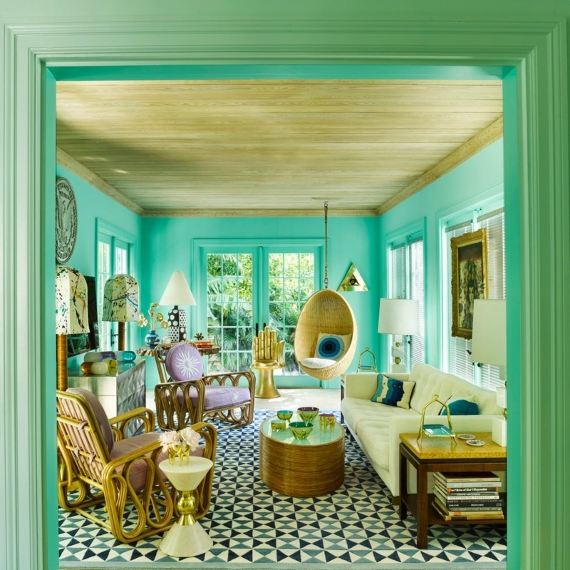 Maximalist Living Room: Turquoise Walls & Rattan Hanging Chair