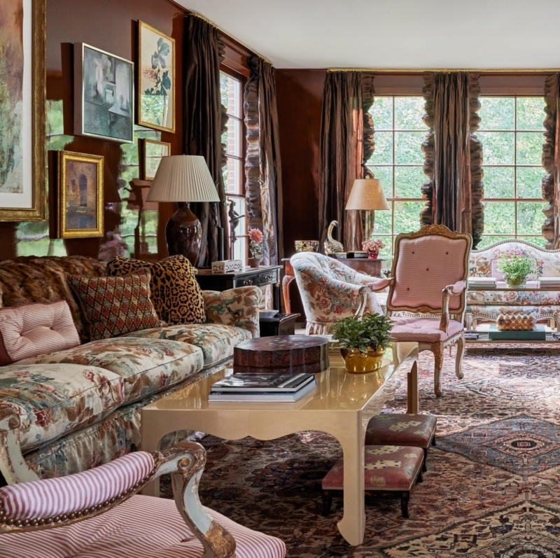 Maximalist Living Room with Glossy Chocolate Brown Lacquered Walls