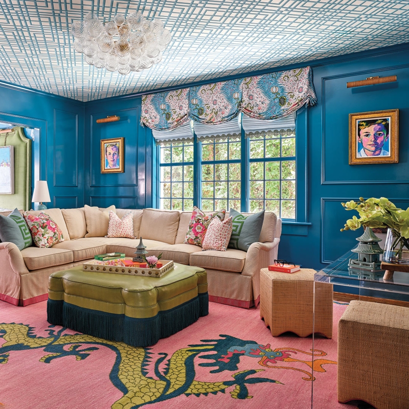 Maximalist Living Room with Glossy Teal Paneling and Pink Dragon Rug