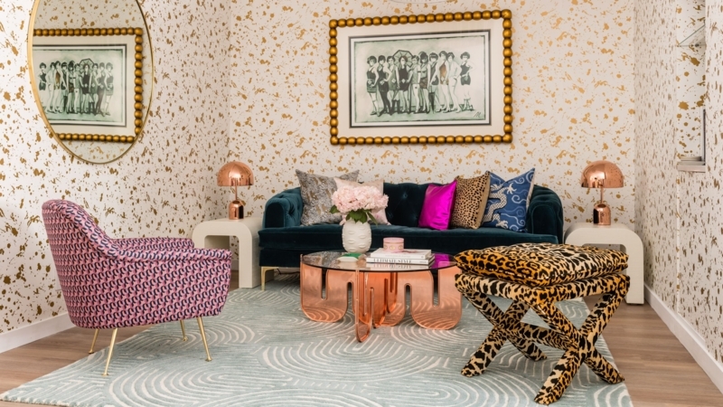 Maximalist Lounge: Gold Splatter Wallpaper & Copper Sculptural Table