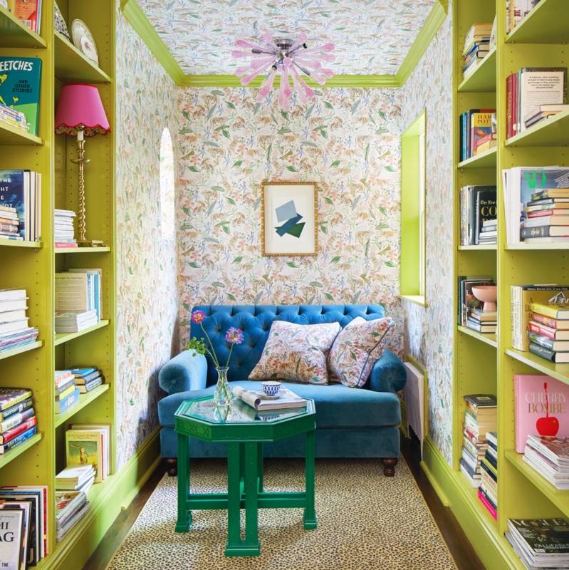 Maximalist Reading Nook Design with Chartreuse Built-ins