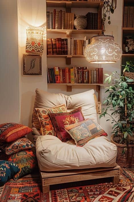 Maximalist Reading Nook: Lounge Chair on Pallet Base with Global Textiles