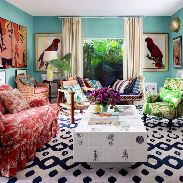 Maximalist Teal Living Room: Tiled Coffee Table & Bold Patterns