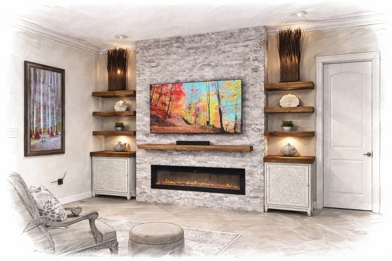 Media Wall Ledger Stone Texture Symmetrical Carved Cabinetry