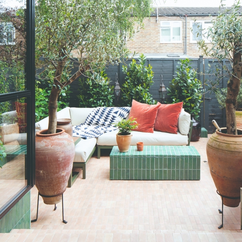 Mediterranean Garden Patio with Green Tiled Coffee Table