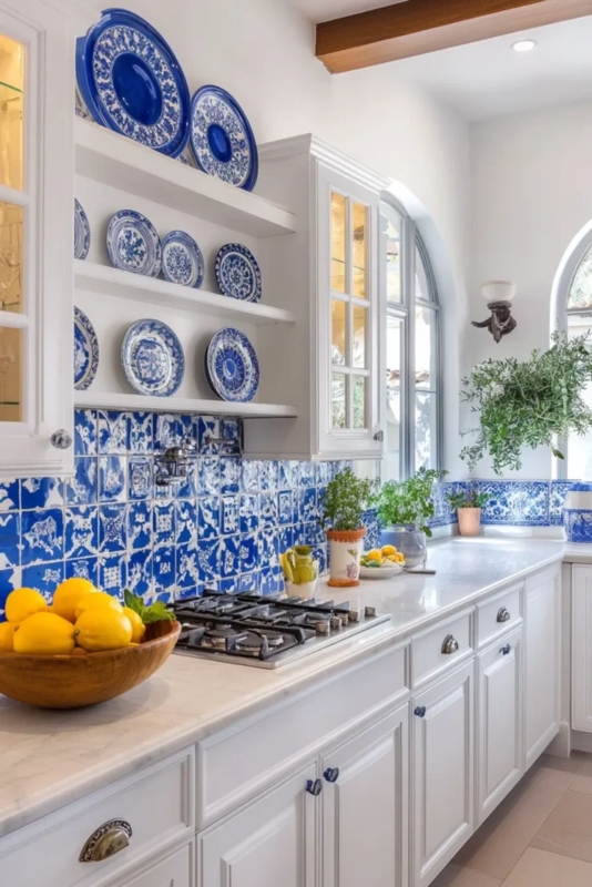 Mediterranean Kitchen: Patterned Blue Tile Backsplash & White Cabinets