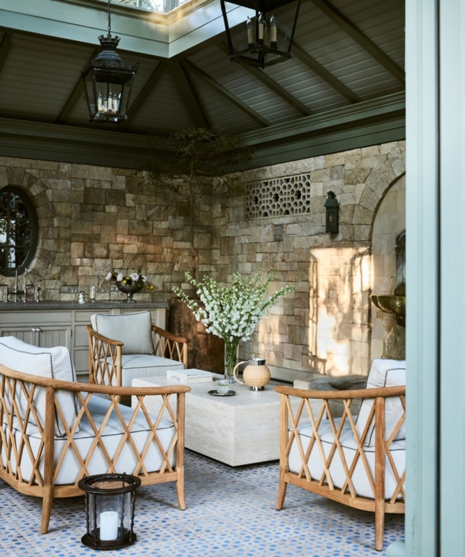 Mediterranean Stone Patio with Diamond Lattice Chairs
