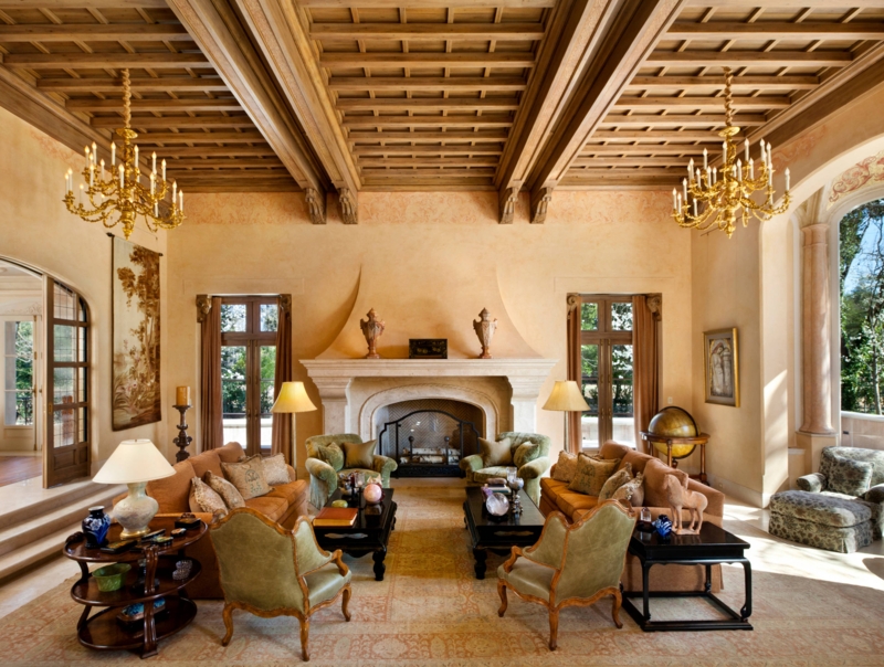 Mediterranean Villa Living Room: Ornate Wood Coffered Ceiling