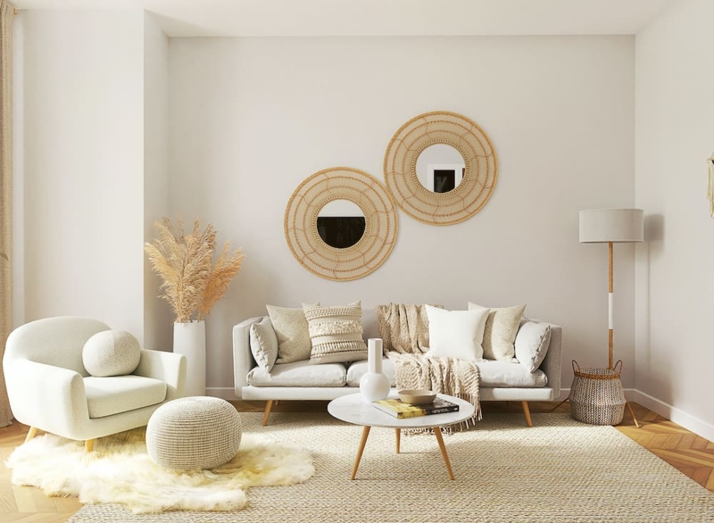Mid-Century Boho Room: Twin Circular Mirrors & Herringbone Floor