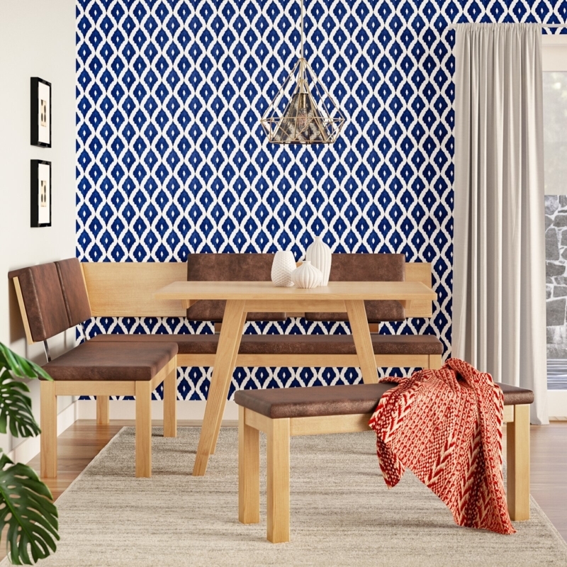 Mid-Century Modern Nook Set: Ikat Wallpaper & Tapered Leg Table